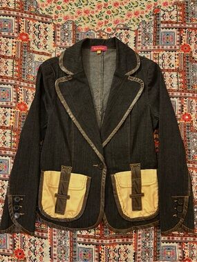 Dark Denim Blazer with Cream Pocket Accents